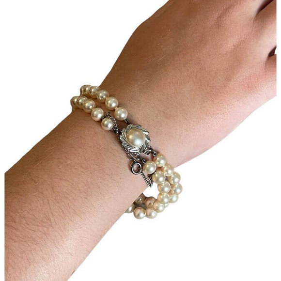 Vintage Majorica Double Strand Pearl Bracelet Sterling Silver With Original Box - Picture 2 of 5